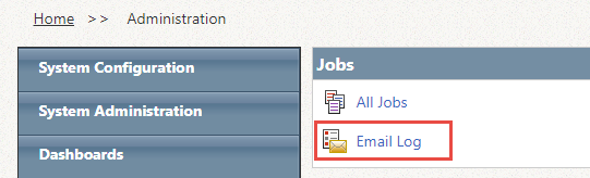 Administration panel showing Email Log option highlighted in the Jobs section.